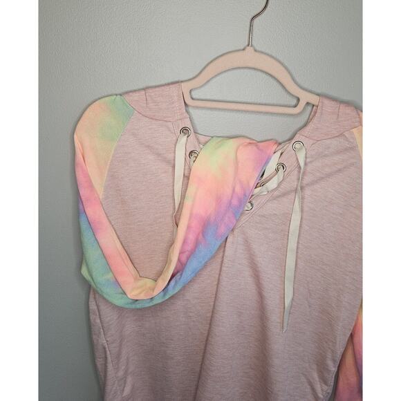 BIBI Lace Up Hoodie Pale Pink French Terry Tie Dye Lightweight Size Large L - Picture 5 of 7